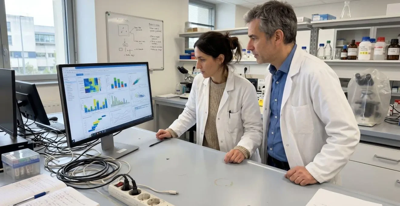 Un chercheur et un clinicien examinent ensemble des résultats d'imagerie médicale affichés sur un écran dans un laboratoire moderne de CHU, échange de profil en lumière naturelle