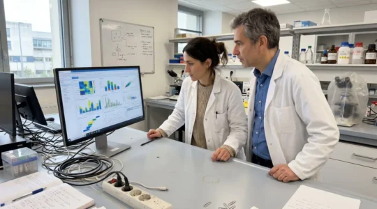 Un chercheur et un clinicien examinent ensemble des résultats d'imagerie médicale affichés sur un écran dans un laboratoire moderne de CHU, échange de profil en lumière naturelle