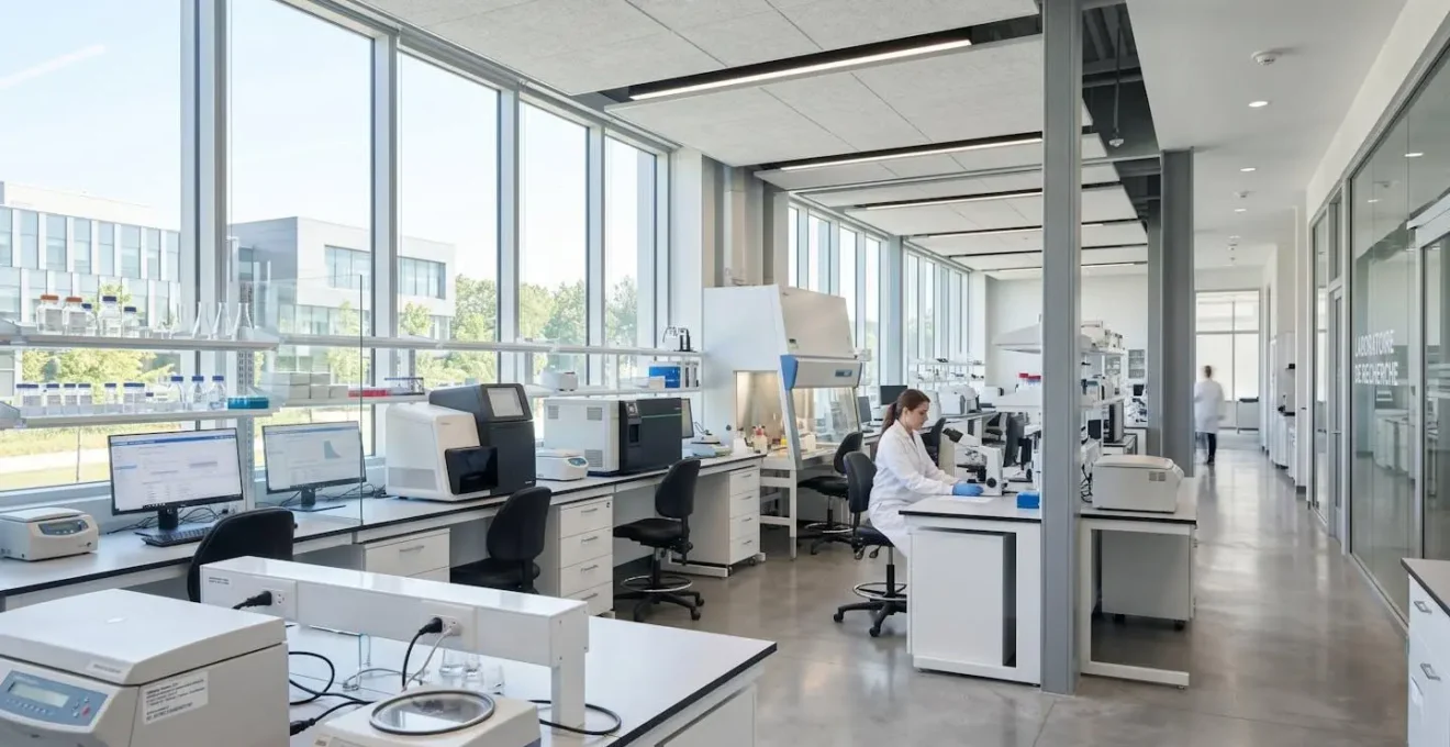 Salle de recherche médicale moderne avec équipement technologique de haute précision, lumière naturelle traversant de larges baies vitrées, architecture contemporaine de CHU, espace vide ou présence humaine minimale en arrière-plan