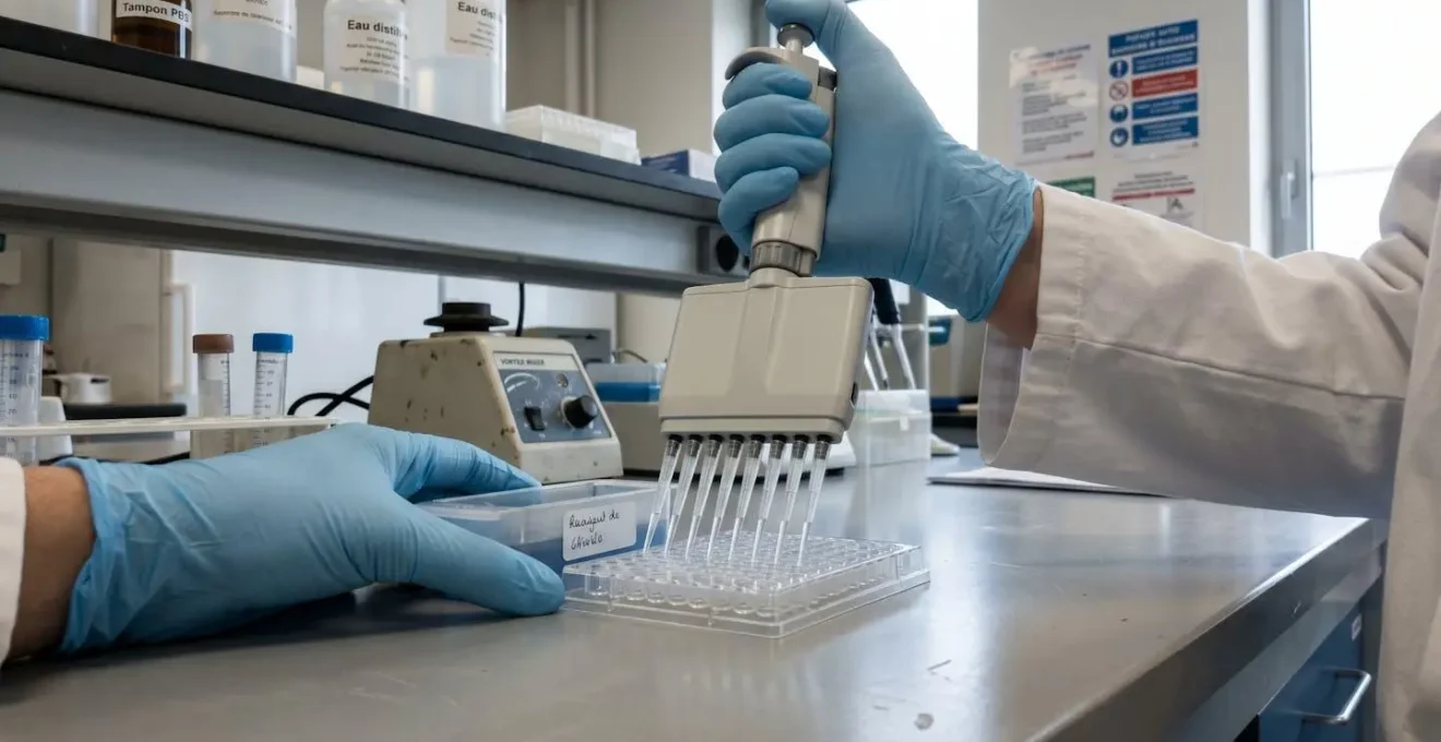 Gros plan sur des mains gantées manipulant une pipette de précision au-dessus d'un échantillon médical, arrière-plan flou de tubes à essai, surface de laboratoire moderne et nette